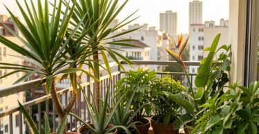Balcon urbain transforme en jungle tropicale avec yucca et plantes exotiques