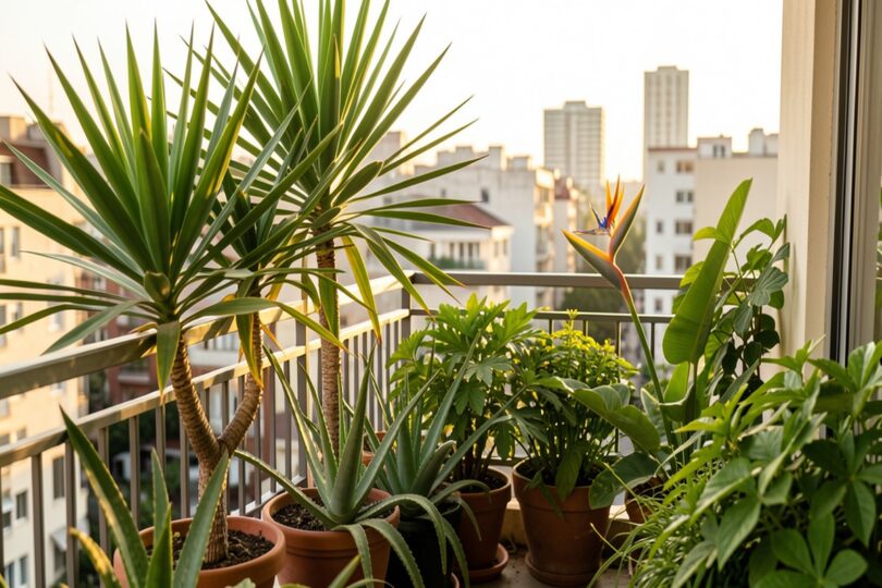 Balcon urbain transforme en jungle tropicale avec yucca et plantes exotiques