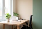 Bureau à domicile lumineux avec plante verte et décoration minimaliste pour un espace télétravail inspirant