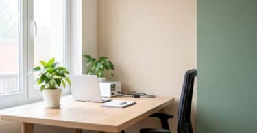 Bureau à domicile lumineux avec plante verte et décoration minimaliste pour un espace télétravail inspirant