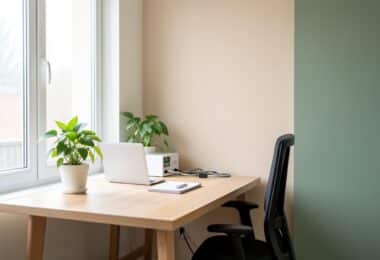 Bureau à domicile lumineux avec plante verte et décoration minimaliste pour un espace télétravail inspirant