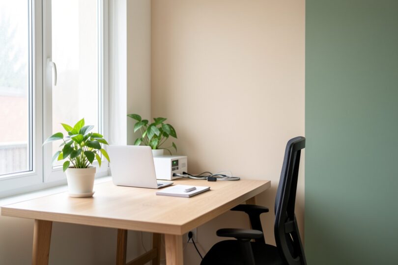 Bureau à domicile lumineux avec plante verte et décoration minimaliste pour un espace télétravail inspirant