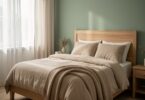 Chambre parentale décorée dans un style apaisant avec textiles naturels et lumière douce
