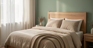 Chambre parentale décorée dans un style apaisant avec textiles naturels et lumière douce