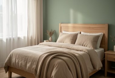 Chambre parentale décorée dans un style apaisant avec textiles naturels et lumière douce