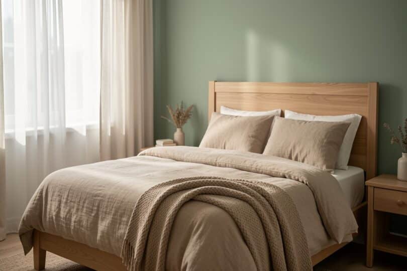 Chambre parentale décorée dans un style apaisant avec textiles naturels et lumière douce