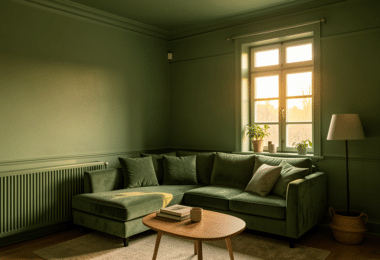 Color drenching : pièce peinte du sol au plafond dans une teinte terracotta enveloppante, canapé beige et bois clair