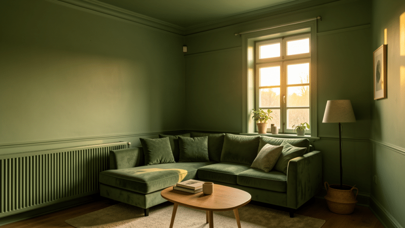Color drenching : pièce peinte du sol au plafond dans une teinte terracotta enveloppante, canapé beige et bois clair