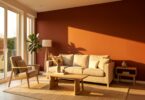 Salon moderne avec mur terracotta, canapé beige et meubles en bois clair baigné de lumière chaude