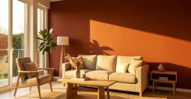 Salon moderne avec mur terracotta, canapé beige et meubles en bois clair baigné de lumière chaude