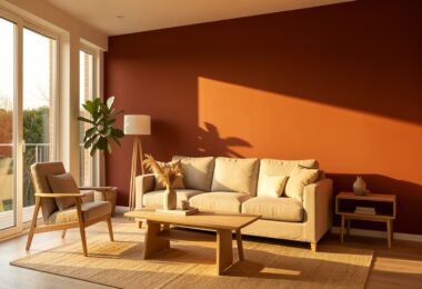 Salon moderne avec mur terracotta, canapé beige et meubles en bois clair baigné de lumière chaude
