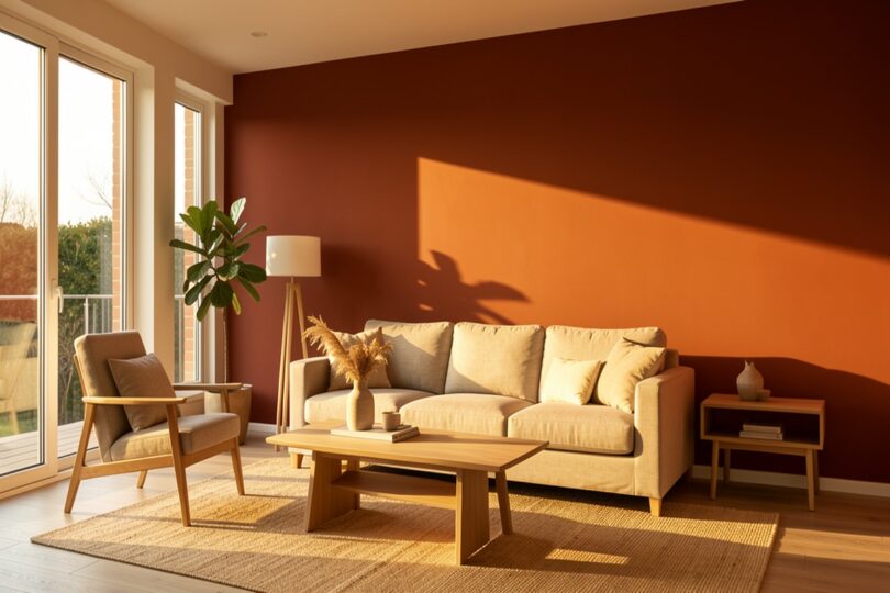 Salon moderne avec mur terracotta, canapé beige et meubles en bois clair baigné de lumière chaude
