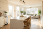 Cuisine ouverte moderne avec îlot central, salon visible en arrière-plan, lumière naturelle