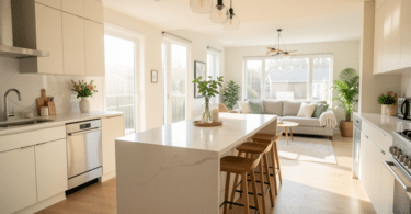 Cuisine ouverte moderne avec îlot central, salon visible en arrière-plan, lumière naturelle