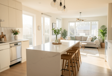 Cuisine ouverte moderne avec îlot central, salon visible en arrière-plan, lumière naturelle