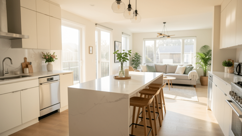 Cuisine ouverte moderne avec îlot central, salon visible en arrière-plan, lumière naturelle