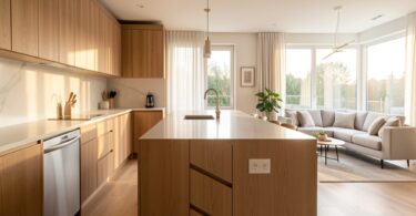 Cuisine ouverte moderne avec îlot central et lumière naturelle, espace de vie décloisonné