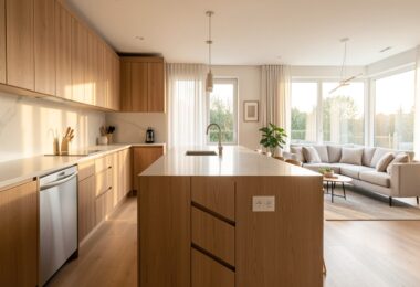 Cuisine ouverte moderne avec îlot central et lumière naturelle, espace de vie décloisonné