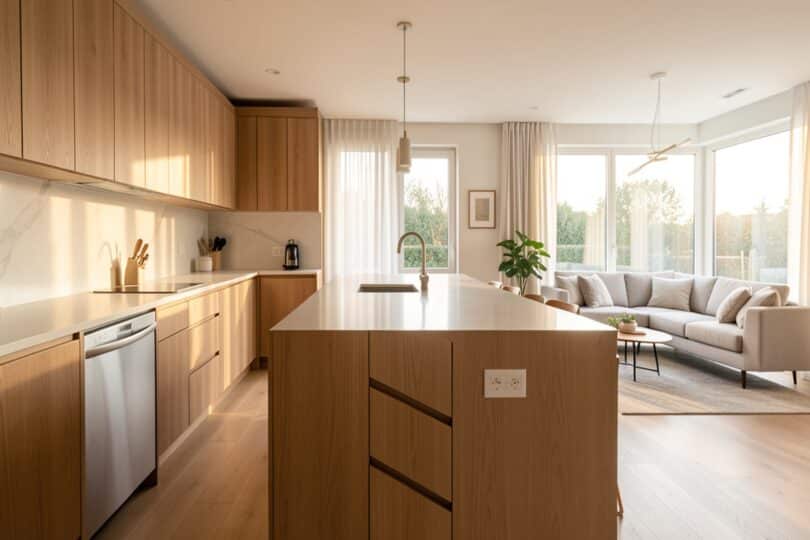 Cuisine ouverte moderne avec îlot central et lumière naturelle, espace de vie décloisonné
