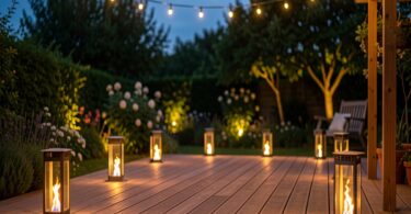 Terrasse en bois eclairee par des guirlandes lumineuses et lanternes solaires au crepuscule