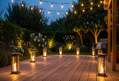Terrasse en bois eclairee par des guirlandes lumineuses et lanternes solaires au crepuscule