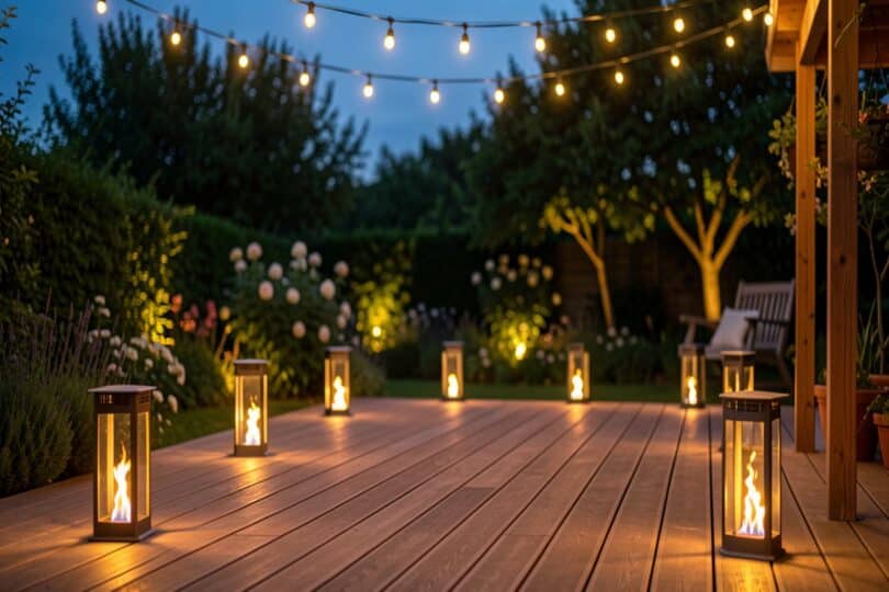 Terrasse en bois eclairee par des guirlandes lumineuses et lanternes solaires au crepuscule