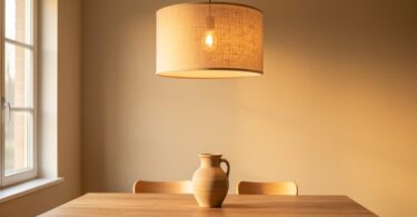 Suspension en lin au-dessus d'une table en bois dans un intérieur scandinave lumineux