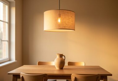 Suspension en lin au-dessus d'une table en bois dans un intérieur scandinave lumineux