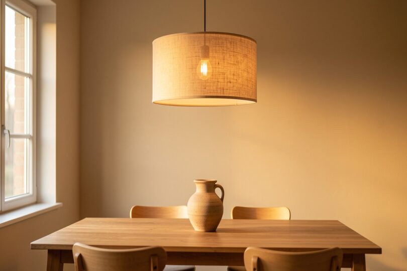 Suspension en lin au-dessus d'une table en bois dans un intérieur scandinave lumineux