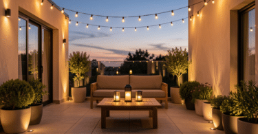 Terrasse moderne éclairée au crépuscule avec guirlandes lumineuses et lanternes solaires créant une ambiance chaleureuse