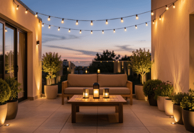 Terrasse moderne éclairée au crépuscule avec guirlandes lumineuses et lanternes solaires créant une ambiance chaleureuse