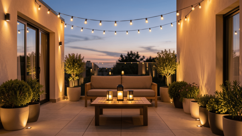Terrasse moderne éclairée au crépuscule avec guirlandes lumineuses et lanternes solaires créant une ambiance chaleureuse