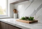 Cuisine moderne avec plan de travail en quartz, crédence et ustensiles en bois