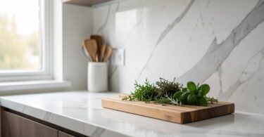 Cuisine moderne avec plan de travail en quartz, crédence et ustensiles en bois