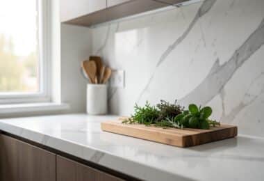 Cuisine moderne avec plan de travail en quartz, crédence et ustensiles en bois