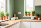 Cuisine lumineuse avec mur vert sauge, plantes aromatiques et plan de travail en bois, décoration estivale tendance