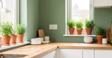 Cuisine lumineuse avec mur vert sauge, plantes aromatiques et plan de travail en bois, décoration estivale tendance