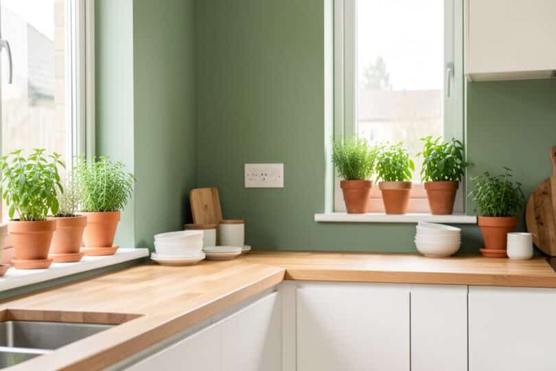 Cuisine lumineuse avec mur vert sauge, plantes aromatiques et plan de travail en bois, décoration estivale tendance