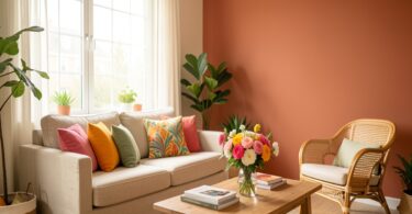 Salon lumineux avec canapé beige, coussins colorés et mur terracotta dans un intérieur moderne et chaleureux