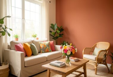 Salon lumineux avec canapé beige, coussins colorés et mur terracotta dans un intérieur moderne et chaleureux