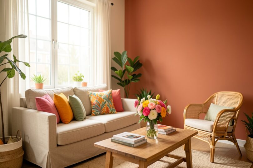 Salon lumineux avec canapé beige, coussins colorés et mur terracotta dans un intérieur moderne et chaleureux
