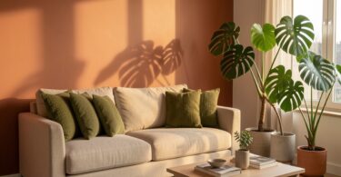 Salon lumineux rénové avec mur terracotta, canapé beige et plantes vertes