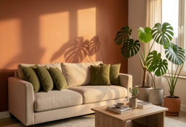 Salon lumineux rénové avec mur terracotta, canapé beige et plantes vertes