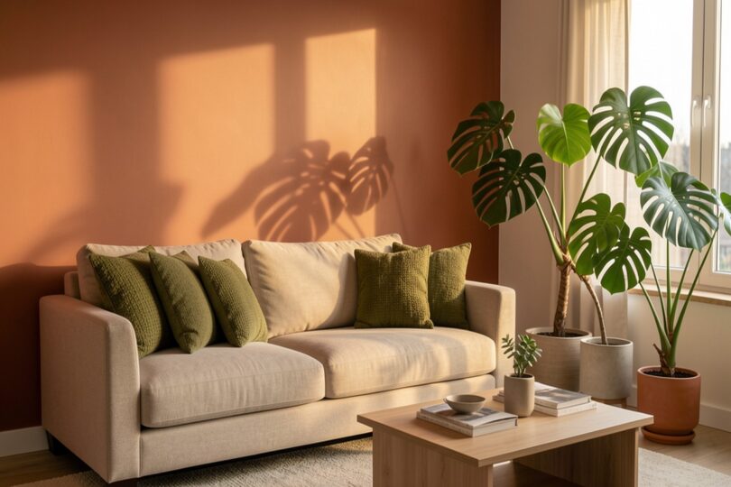 Salon lumineux rénové avec mur terracotta, canapé beige et plantes vertes