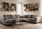 Salon moderne avec canapé modulaire, tables gigognes et étagères évolutives pour petit espace flexible