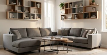Salon moderne avec canapé modulaire, tables gigognes et étagères évolutives pour petit espace flexible