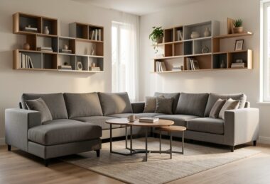 Salon moderne avec canapé modulaire, tables gigognes et étagères évolutives pour petit espace flexible