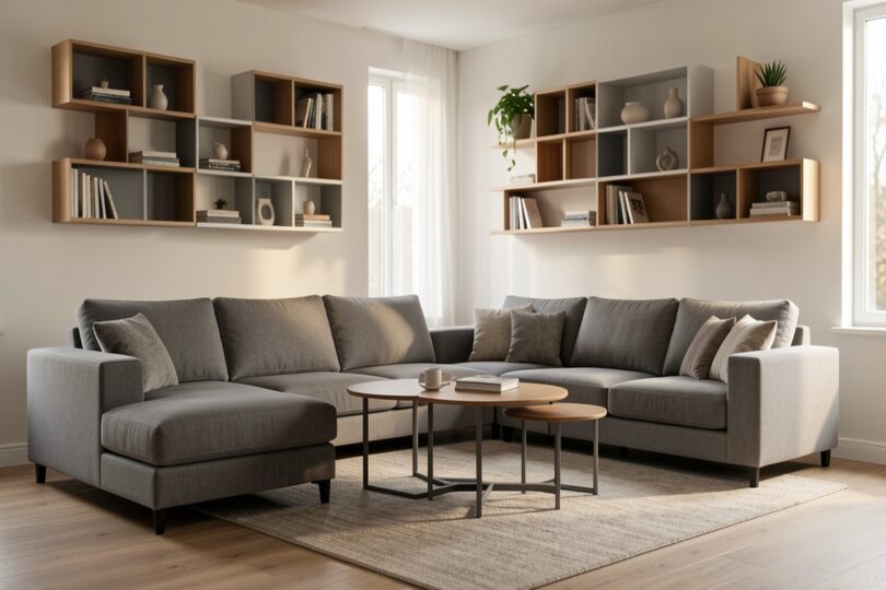 Salon moderne avec canapé modulaire, tables gigognes et étagères évolutives pour petit espace flexible