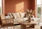 Salon lumineux avec décoration aux tons terracotta et matériaux naturels, tendance été 2026