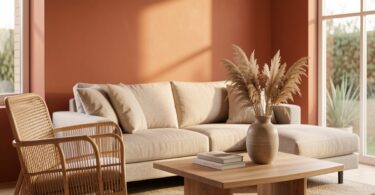 Salon lumineux avec décoration aux tons terracotta et matériaux naturels, tendance été 2026